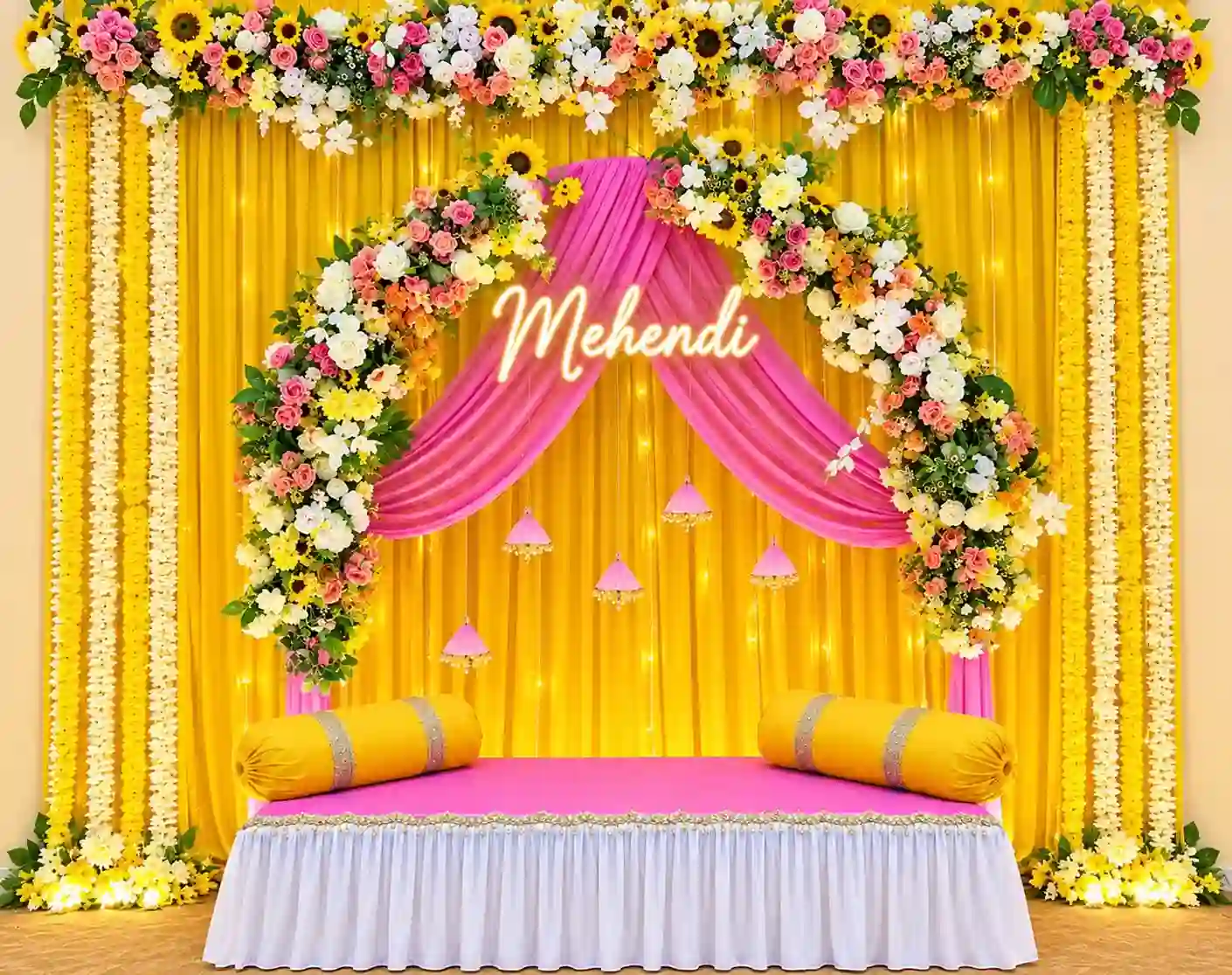 Sunshine Pink Floral Mehendi Stage 